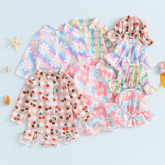 Little Girl Swimwear Set - Zip Up Round Neck Long Sleeve Rash Guard